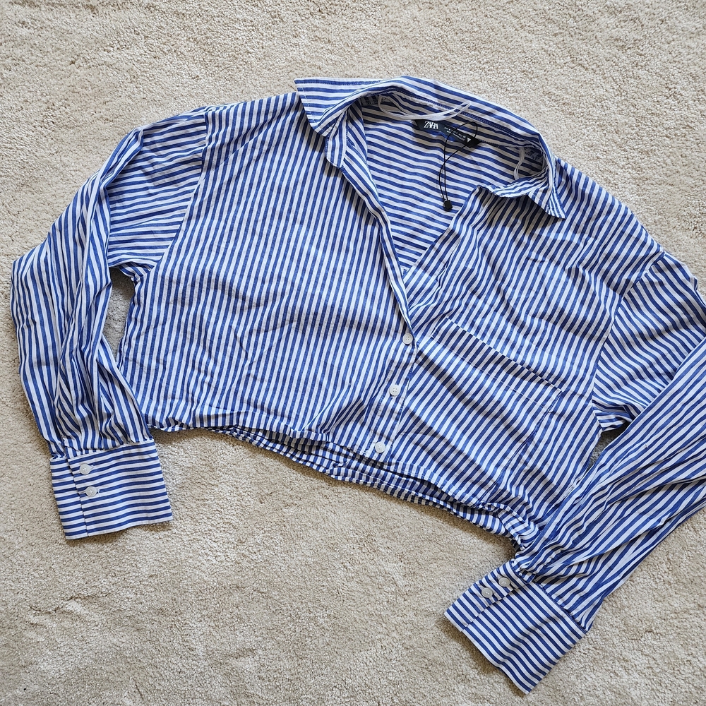 Zara Blue and White Striped Cropped Shirt